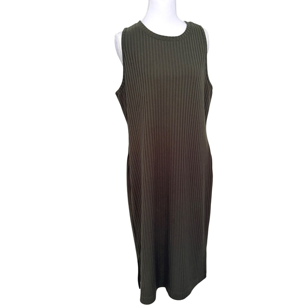 Nine West Ribbed Knit Midi Dress Womens XL Olive Green Sleeveless Side Slit